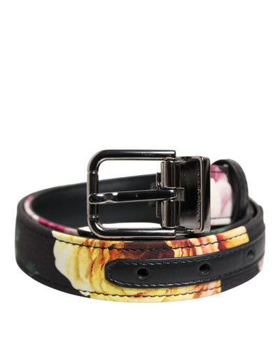 Dolce & Gabbana Schwarzer floraler Brokatgürtel mit silberner Metallschnalle
