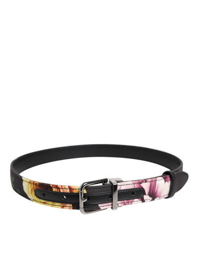 Dolce & Gabbana Schwarzer floraler Brokatgürtel mit silberner Metallschnalle