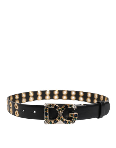 Dolce & Gabbana Schwarzes Leder Öse Kristall DG Schnalle Gürtel