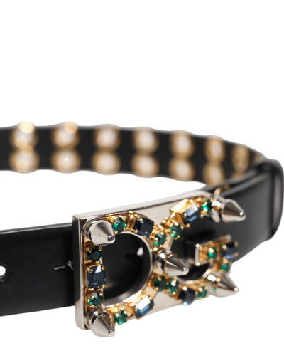 Dolce & Gabbana Schwarzes Leder Öse Kristall DG Schnalle Gürtel