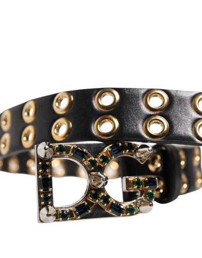 Dolce & Gabbana Schwarzes Leder Öse Kristall DG Schnalle Gürtel