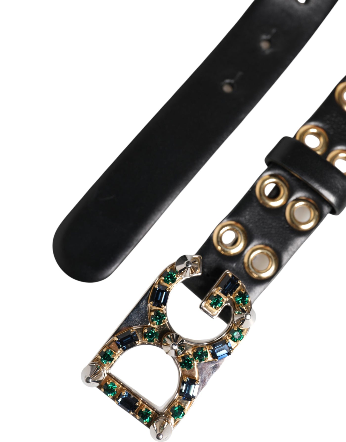 Dolce & Gabbana Schwarzes Leder Öse Kristall DG Schnalle Gürtel