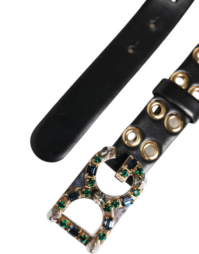 Dolce & Gabbana Schwarzes Leder Öse Kristall DG Schnalle Gürtel