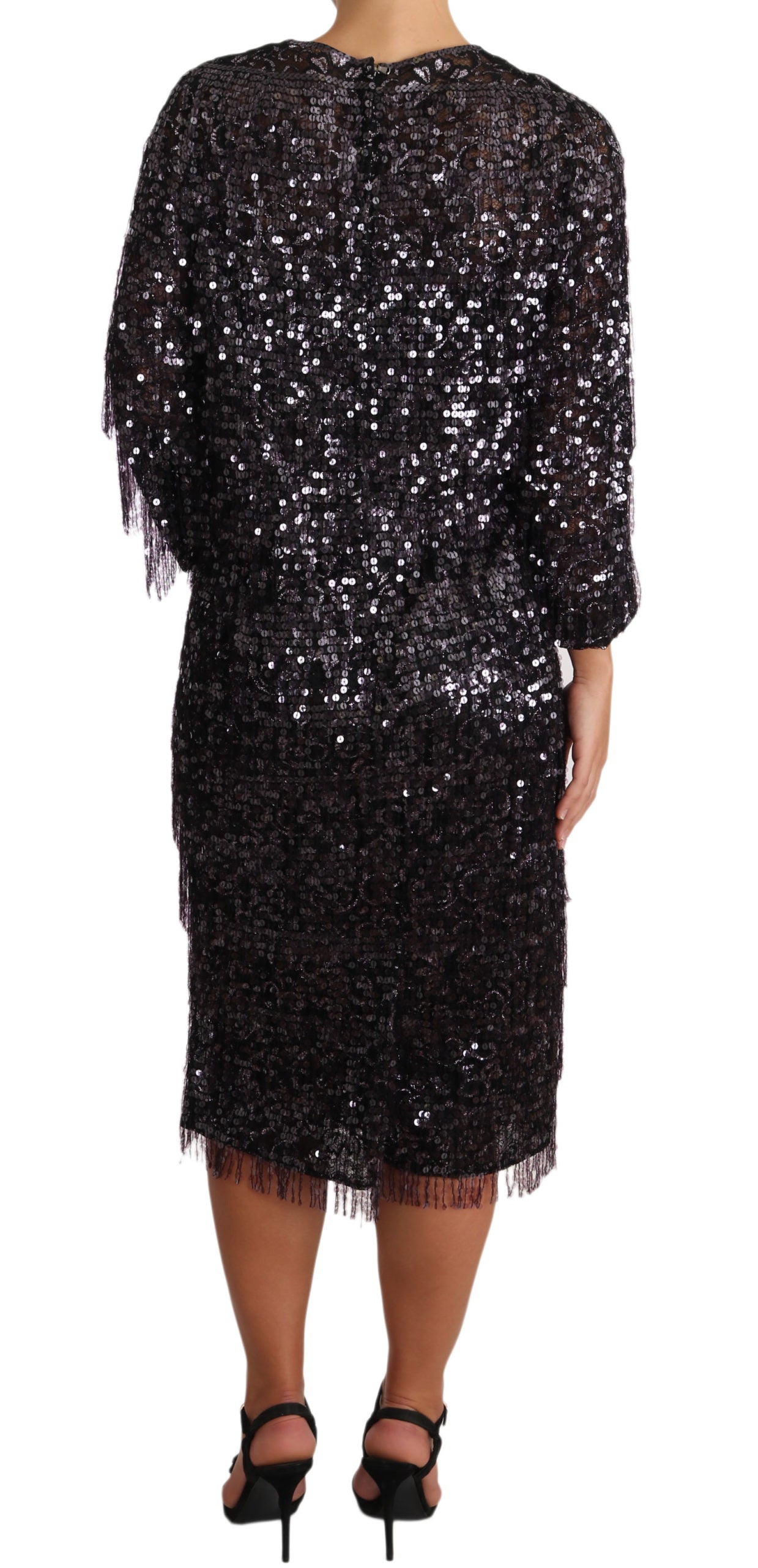 Dolce & Gabbana Schwarzes Langarm-Shift-Midi-Dress mit Pailletten