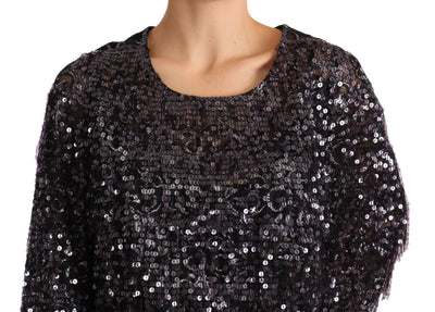 Dolce & Gabbana Schwarzes Langarm-Shift-Midi-Dress mit Pailletten