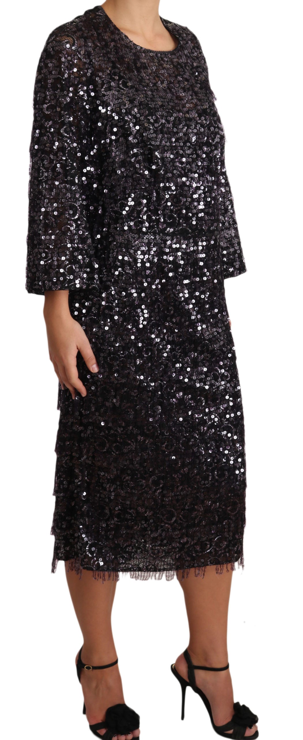 Dolce & Gabbana Schwarzes Langarm-Shift-Midi-Dress mit Pailletten