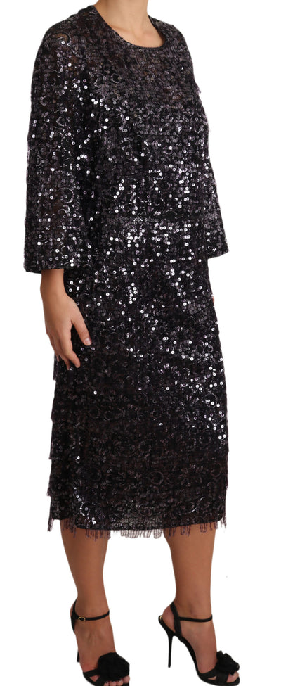 Dolce & Gabbana Schwarzes Langarm-Shift-Midi-Dress mit Pailletten