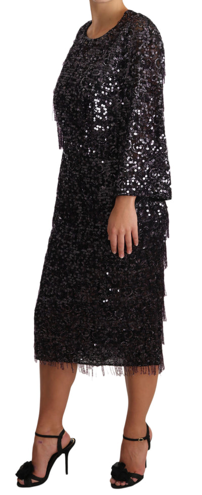 Dolce & Gabbana Schwarzes Langarm-Shift-Midi-Dress mit Pailletten
