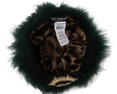 Dolce & Gabbana Grüner Pelz DG Logo bestickt Cloche Hut