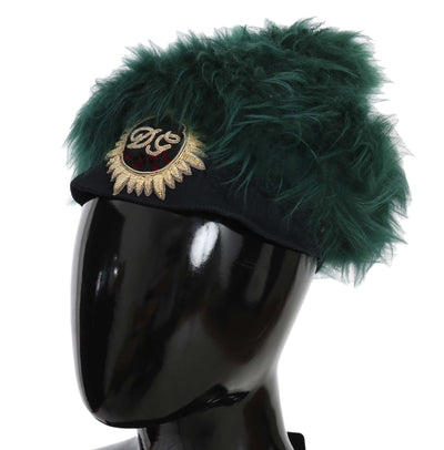Dolce & Gabbana Grüner Pelz DG Logo bestickt Cloche Hut