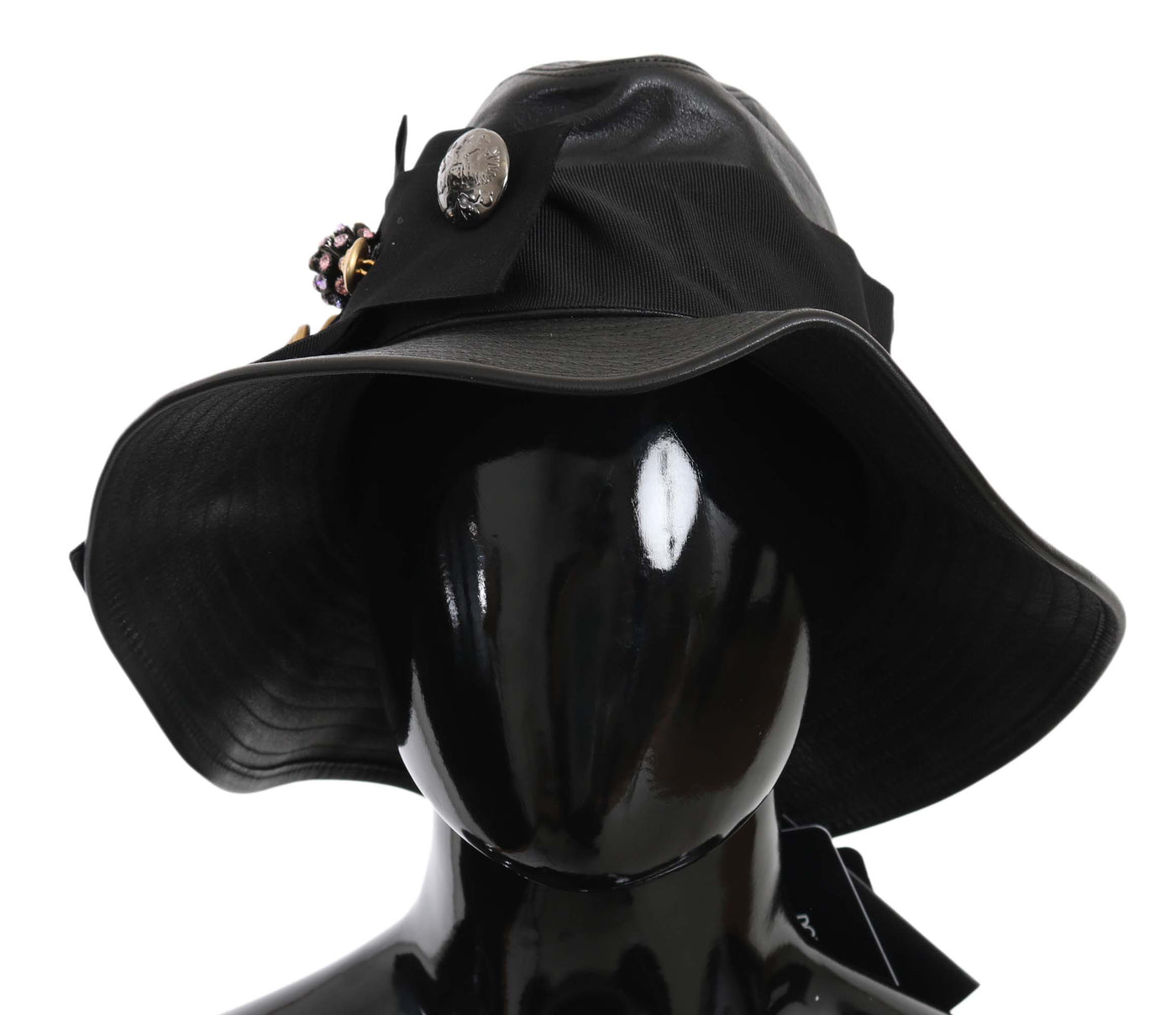 Dolce & Gabbana Schwarzes Leder DG Münze Kristall breite Krempe Hut