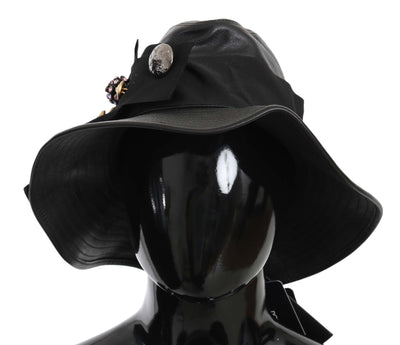 Dolce & Gabbana Schwarzes Leder DG Münze Kristall breite Krempe Hut
