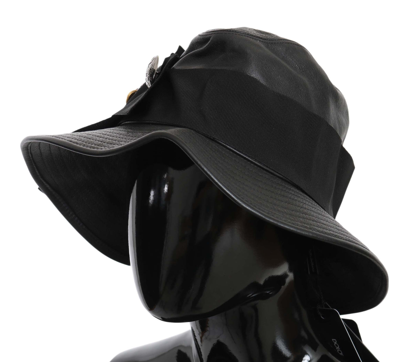 Dolce & Gabbana Schwarzes Leder DG Münze Kristall breite Krempe Hut