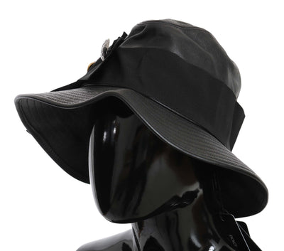 Dolce & Gabbana Schwarzes Leder DG Münze Kristall breite Krempe Hut