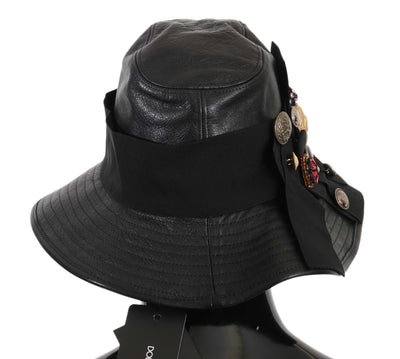 Dolce & Gabbana Schwarzes Leder DG Münze Kristall breite Krempe Hut