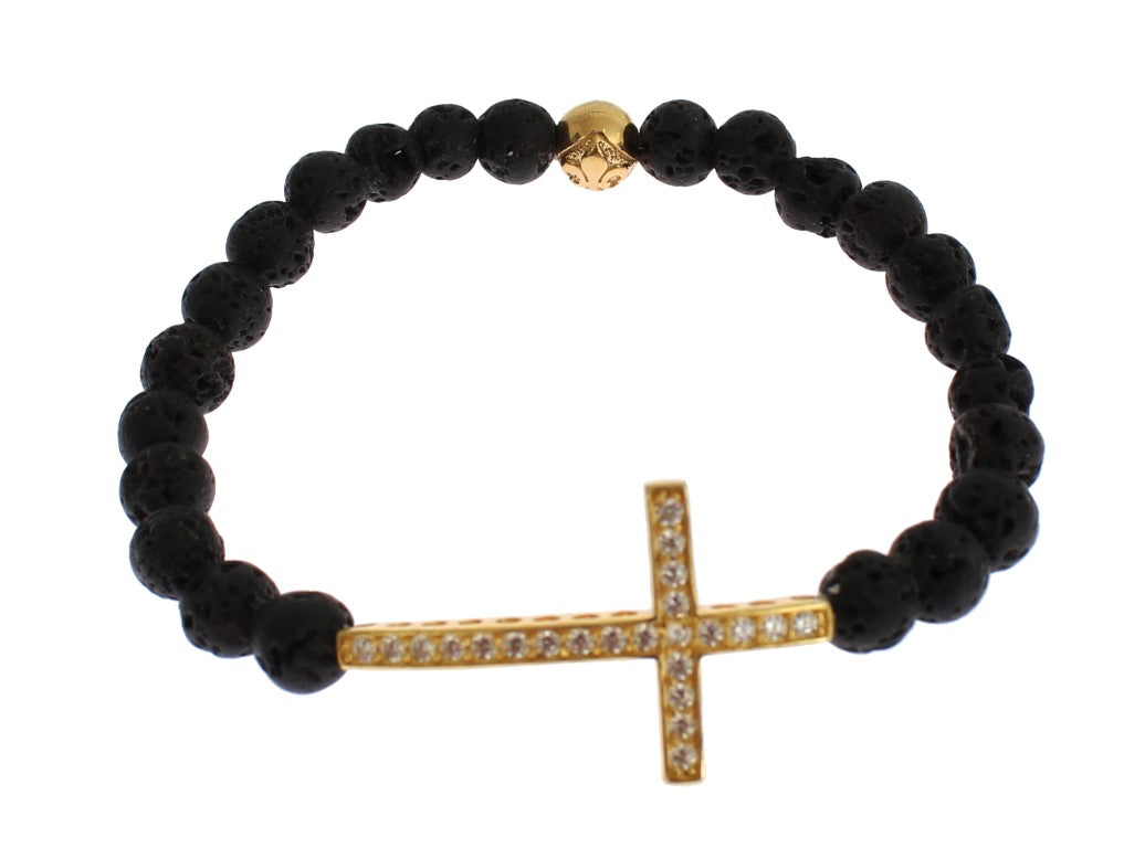Nialaya Lava Stein Gold Klar CZ Kreuz 925 Silber Armband