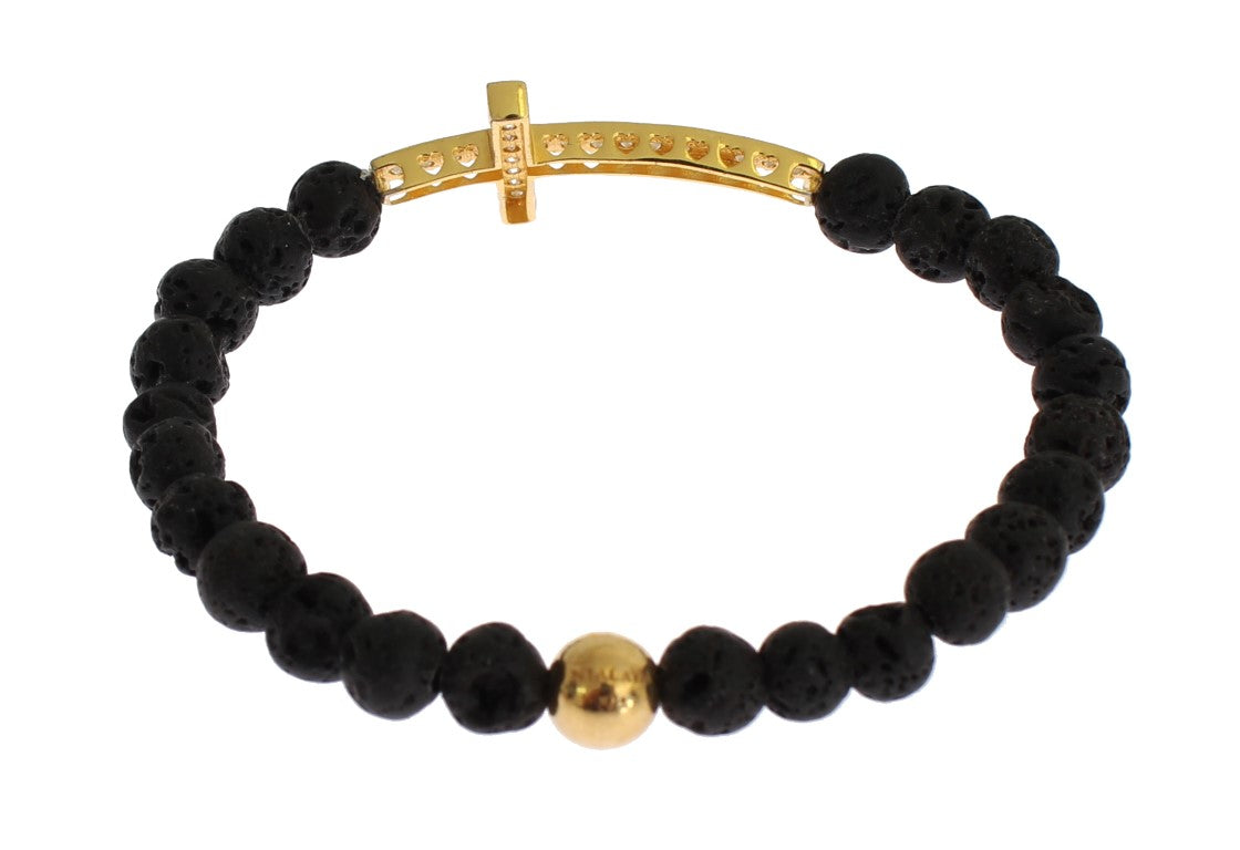 Nialaya Lava Stein Gold Klar CZ Kreuz 925 Silber Armband