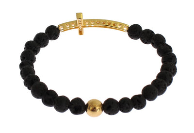 Nialaya Lava Stein Gold Klar CZ Kreuz 925 Silber Armband