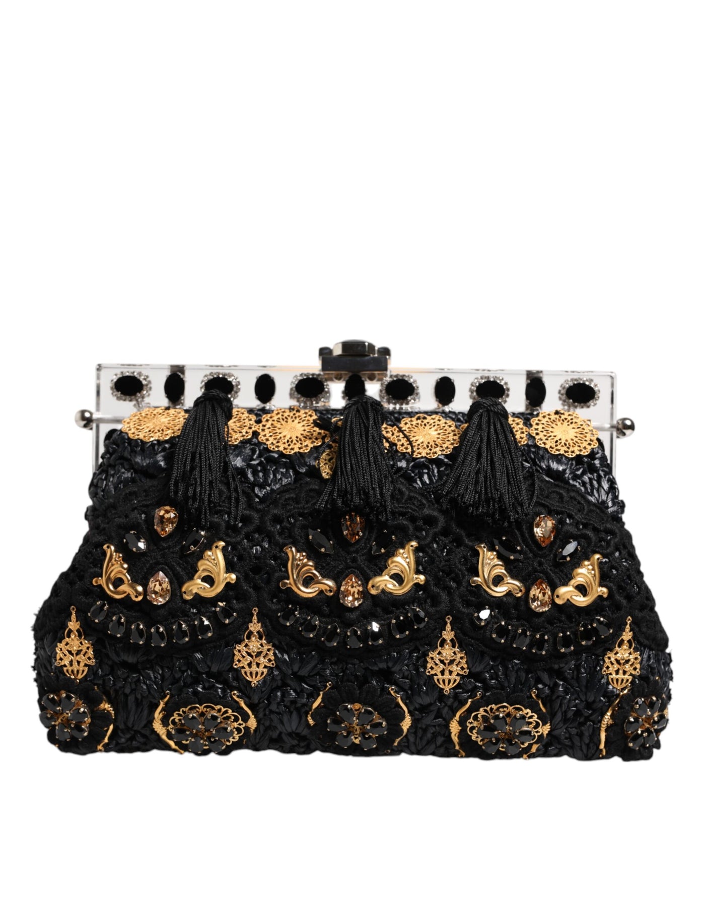 Dolce & Gabbana Schwarze Quaste Gold Barock Kristall Abendtasche