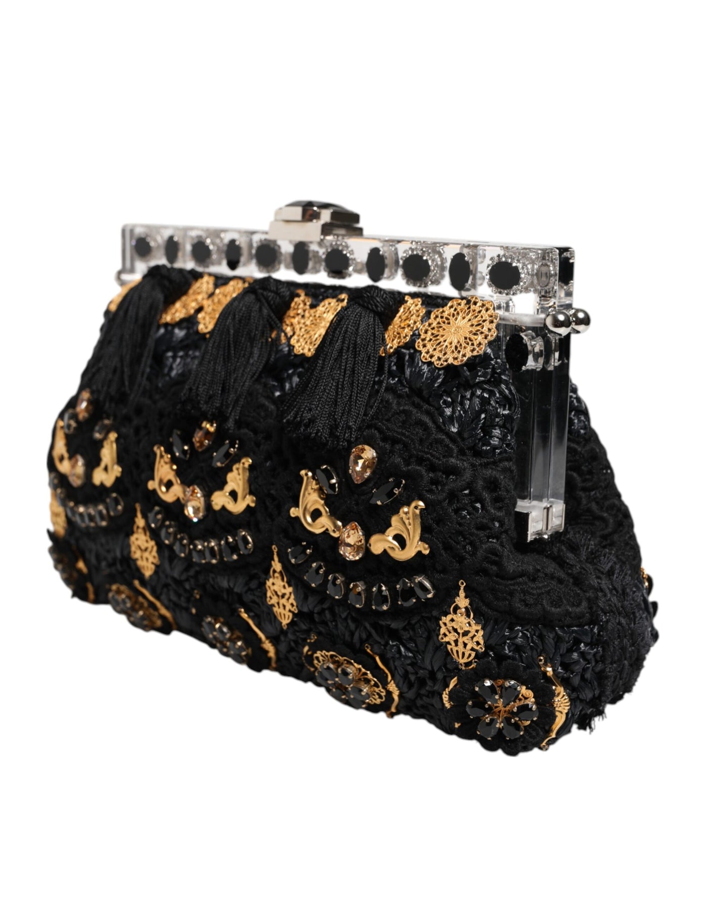 Dolce & Gabbana Schwarze Quaste Gold Barock Kristall Abendtasche