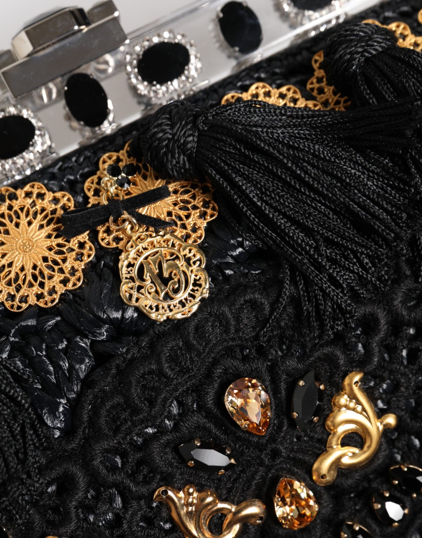 Dolce & Gabbana Schwarze Quaste Gold Barock Kristall Abendtasche