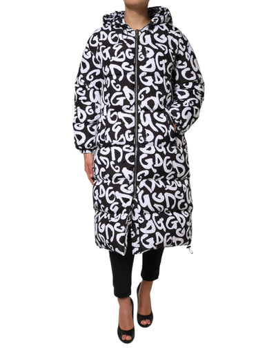 Dolce & Gabbana Schwarz Weiß DG Mania Langer Mantel mit Kapuze Jacke