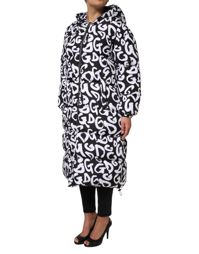 Dolce & Gabbana Schwarz Weiß DG Mania Langer Mantel mit Kapuze Jacke