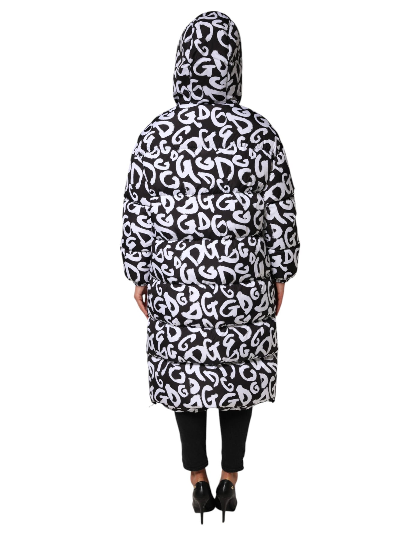 Dolce & Gabbana Schwarz Weiß DG Mania Langer Mantel mit Kapuze Jacke