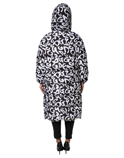 Dolce & Gabbana Schwarz Weiß DG Mania Langer Mantel mit Kapuze Jacke