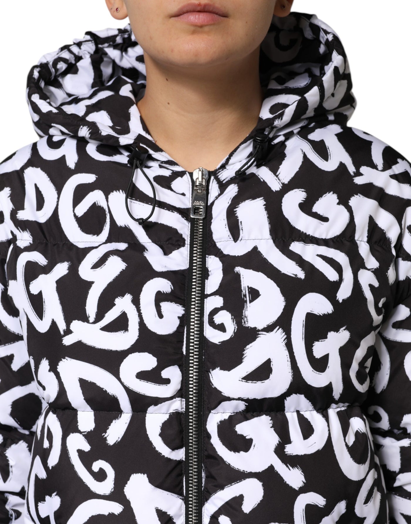 Dolce & Gabbana Schwarz Weiß DG Mania Langer Mantel mit Kapuze Jacke