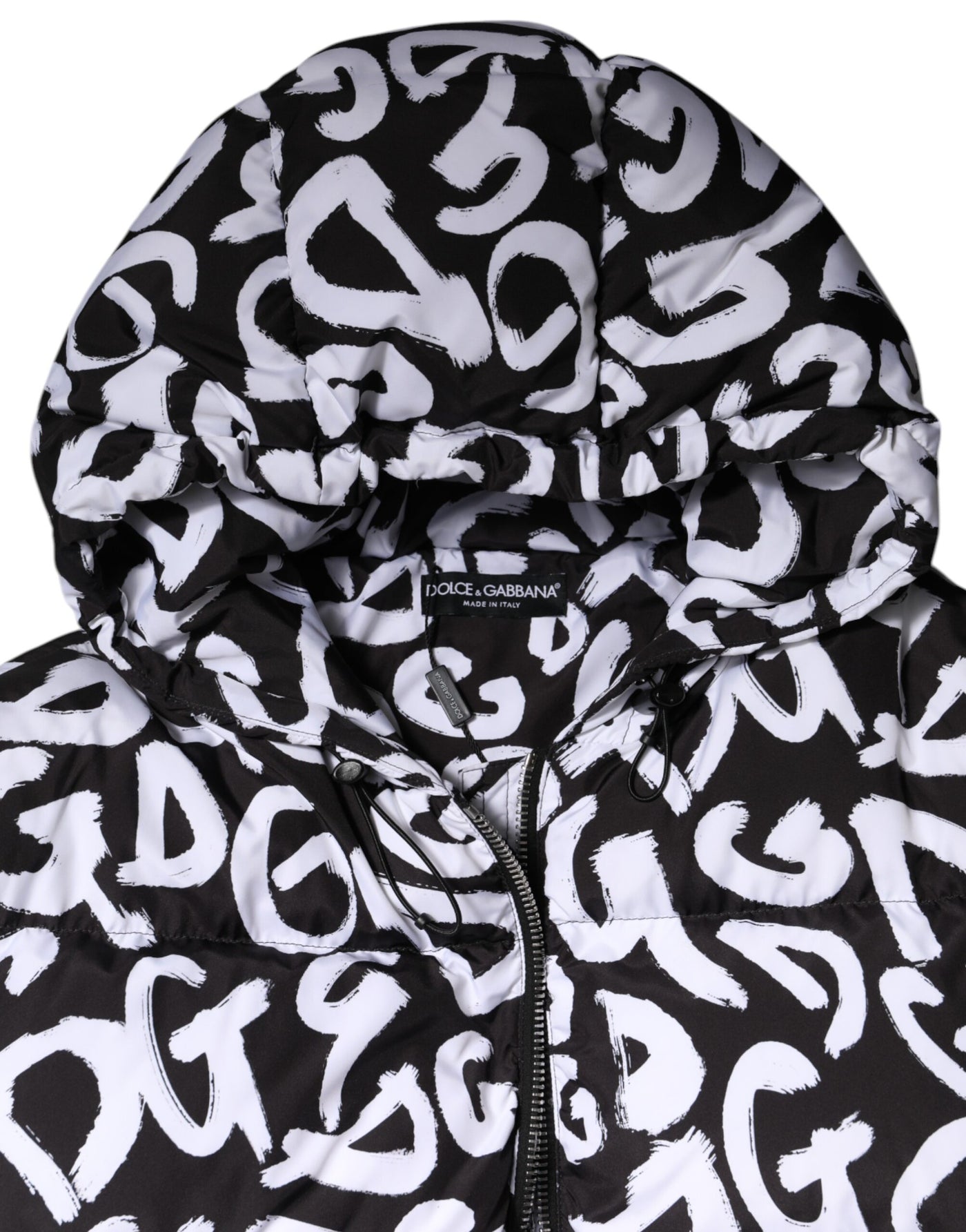 Dolce & Gabbana Schwarz Weiß DG Mania Langer Mantel mit Kapuze Jacke