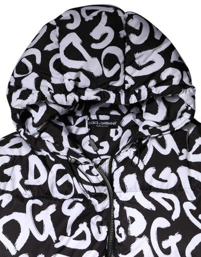 Dolce & Gabbana Schwarz Weiß DG Mania Langer Mantel mit Kapuze Jacke