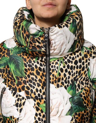 Dolce & Gabbana Multicolor Leopard Rose Puffer Steppjacke