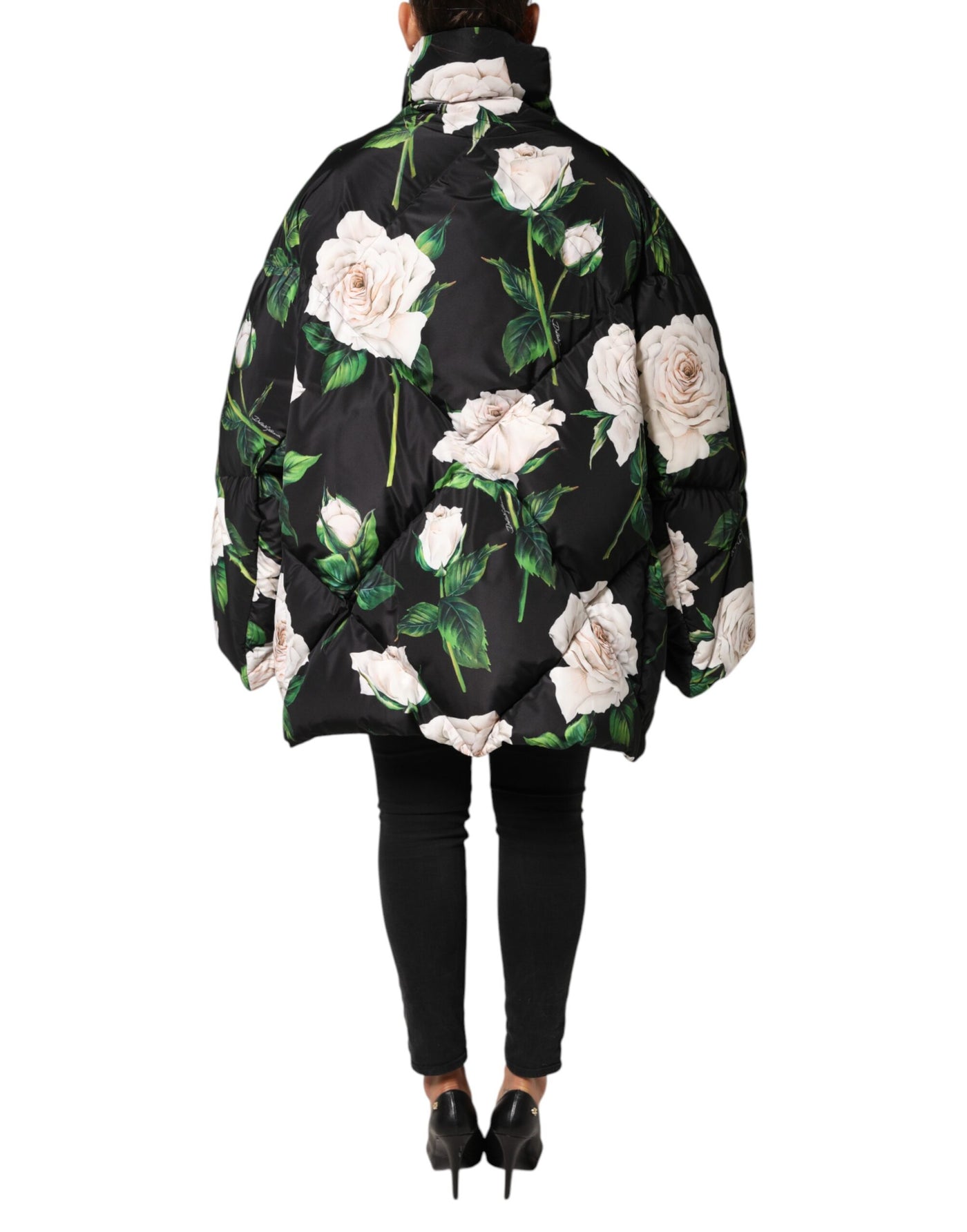 Dolce & Gabbana Schwarze gesteppte Jacke mit Blumendruck