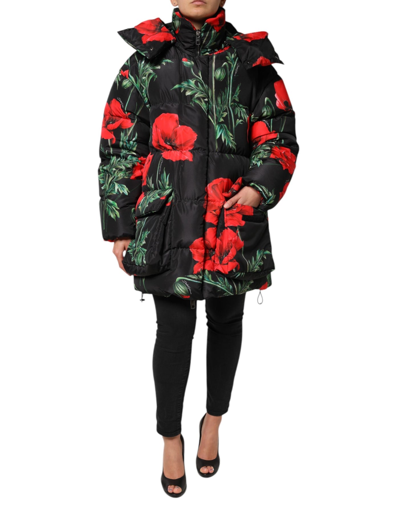 Dolce & Gabbana Schwarze Steppjacke aus geblümtem Polyester mit Kapuze