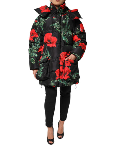 Dolce & Gabbana Schwarze Steppjacke aus geblümtem Polyester mit Kapuze