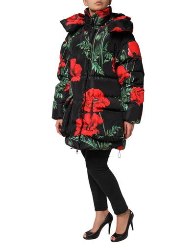 Dolce & Gabbana Schwarze Steppjacke aus geblümtem Polyester mit Kapuze