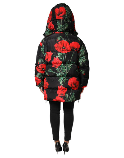 Dolce & Gabbana Schwarze Steppjacke aus geblümtem Polyester mit Kapuze