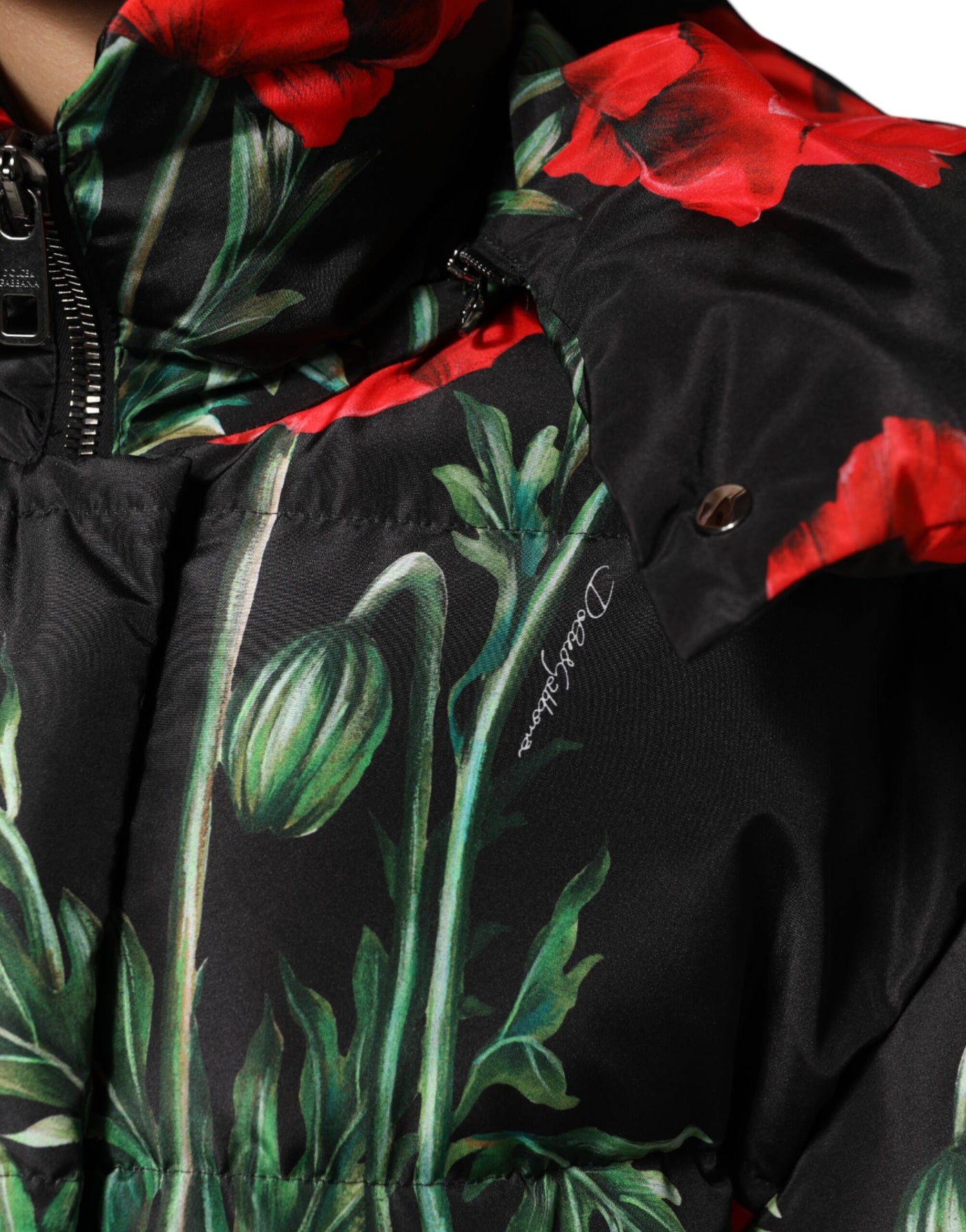 Dolce & Gabbana Schwarze Steppjacke aus geblümtem Polyester mit Kapuze