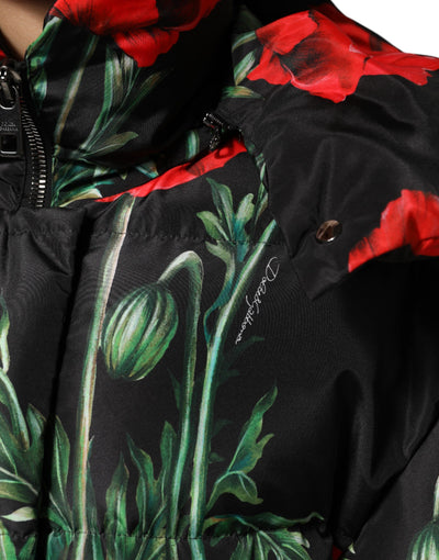 Dolce & Gabbana Schwarze Steppjacke aus geblümtem Polyester mit Kapuze