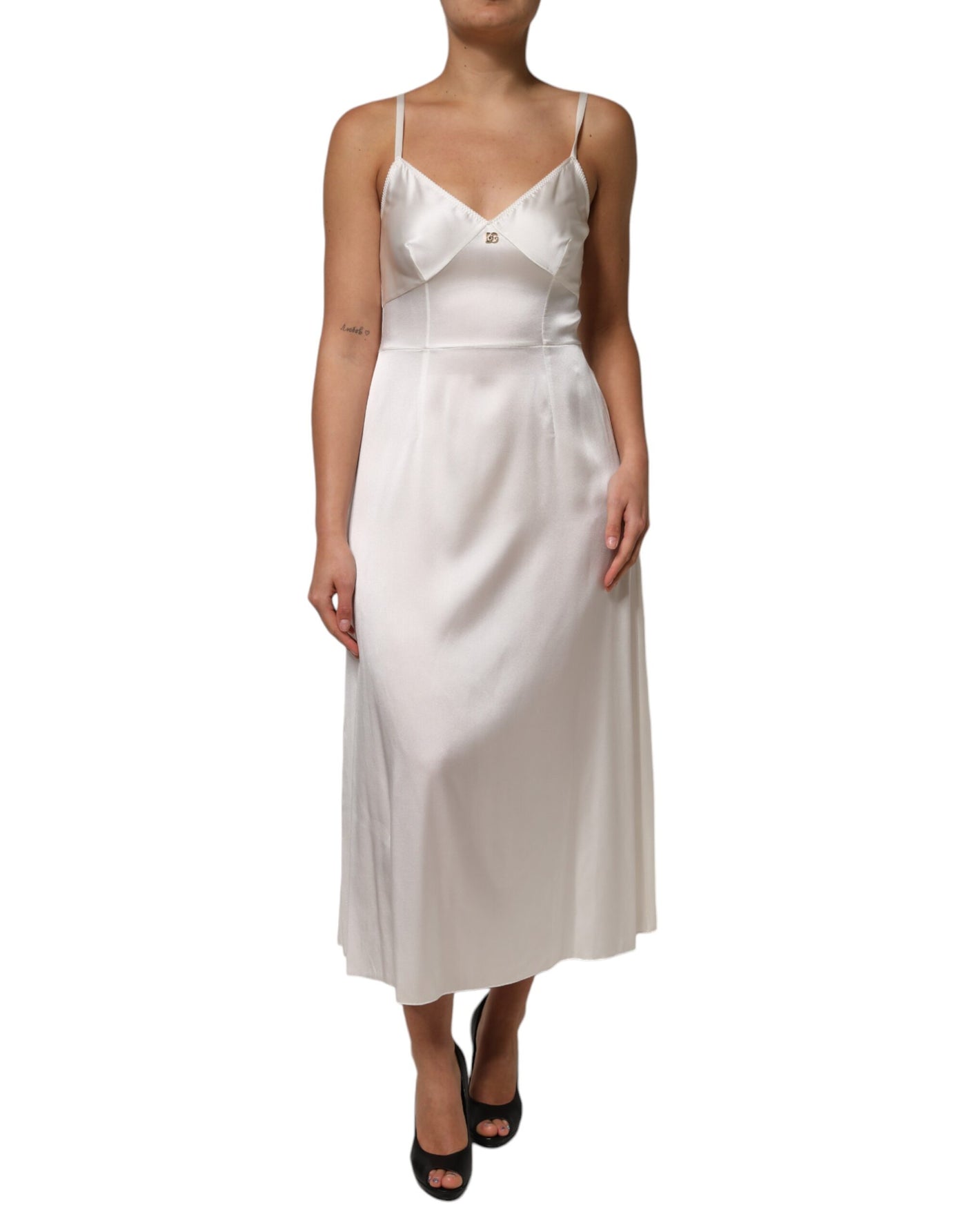 Dolce & Gabbana Weißes DG Logo Full Slip Seidenkleid Nachtwäsche