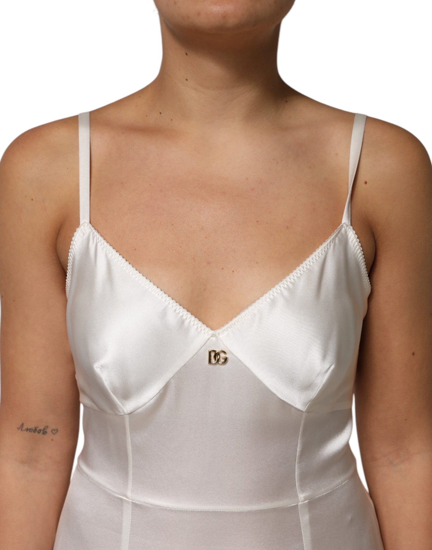 Dolce & Gabbana Weißes DG Logo Full Slip Seidenkleid Nachtwäsche
