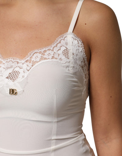 Dolce & Gabbana Weißes Spitzenkleid mit goldenem DG-Logo aus Seide Nachtwäsche