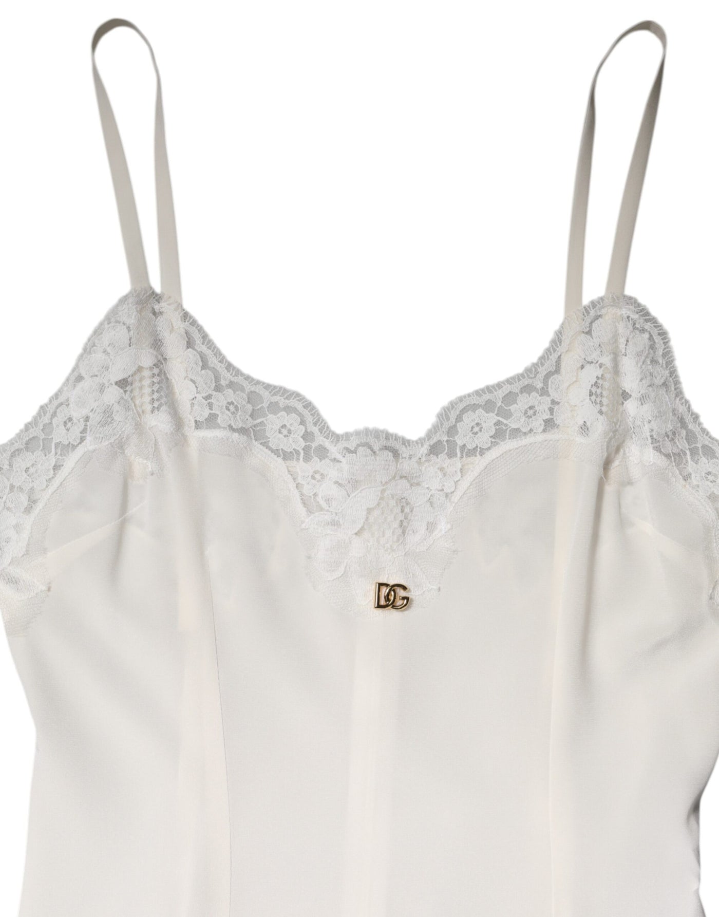 Dolce & Gabbana Weißes Spitzenkleid mit goldenem DG-Logo aus Seide Nachtwäsche