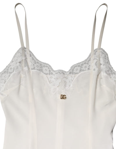Dolce & Gabbana Weißes Spitzenkleid mit goldenem DG-Logo aus Seide Nachtwäsche