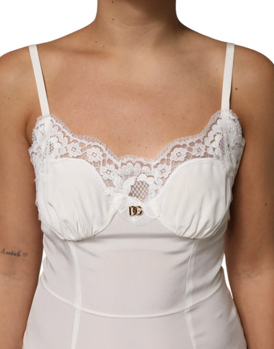 Dolce & Gabbana Weißes DG Logo-Spitzenkleid aus Seide Nachtwäsche