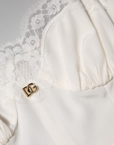 Dolce & Gabbana Weißes DG Logo-Spitzenkleid aus Seide Nachtwäsche
