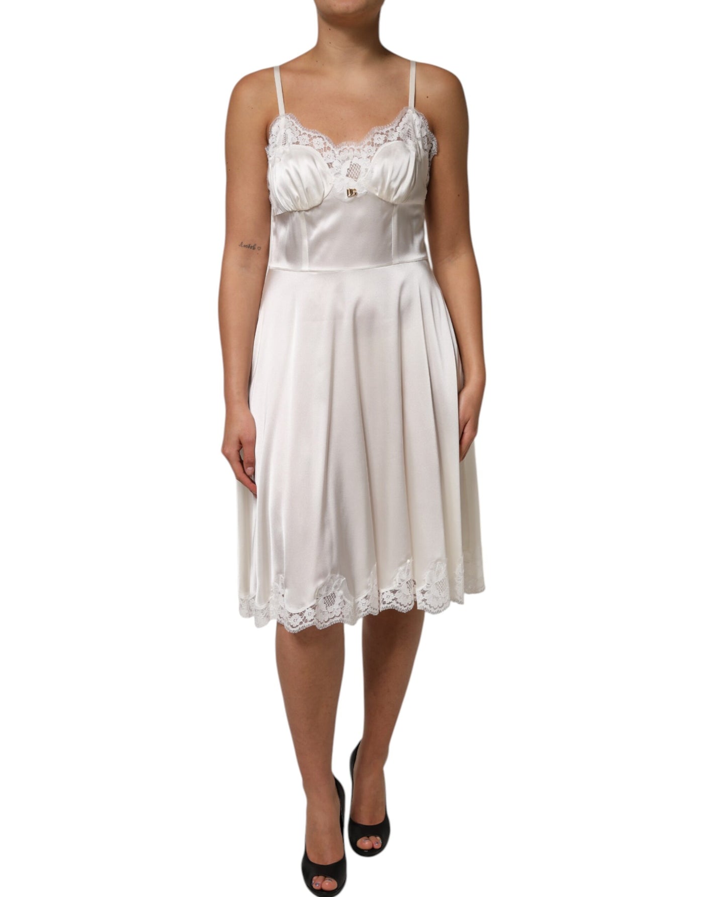 Dolce & Gabbana Weißes DG Logo-Spitzenkleid aus Seide Nachtwäsche