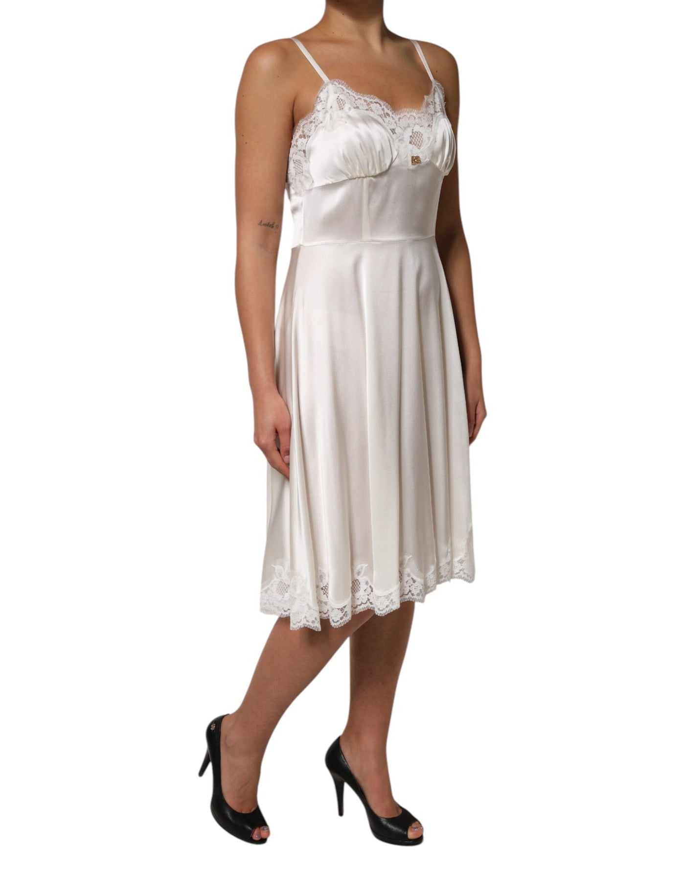 Dolce & Gabbana Weißes DG Logo-Spitzenkleid aus Seide Nachtwäsche