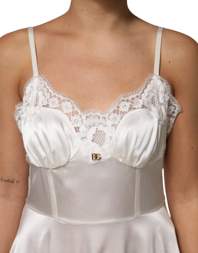Dolce & Gabbana Weißes DG Logo-Spitzenkleid aus Seide Nachtwäsche
